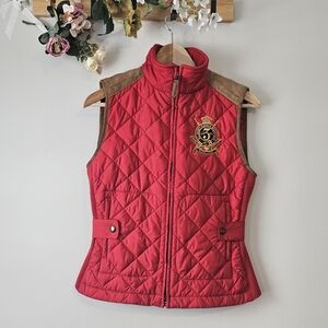 Ralph Lauren Equestrian Jockey Vest Red Brown Embroidered Crest Quilted Size M